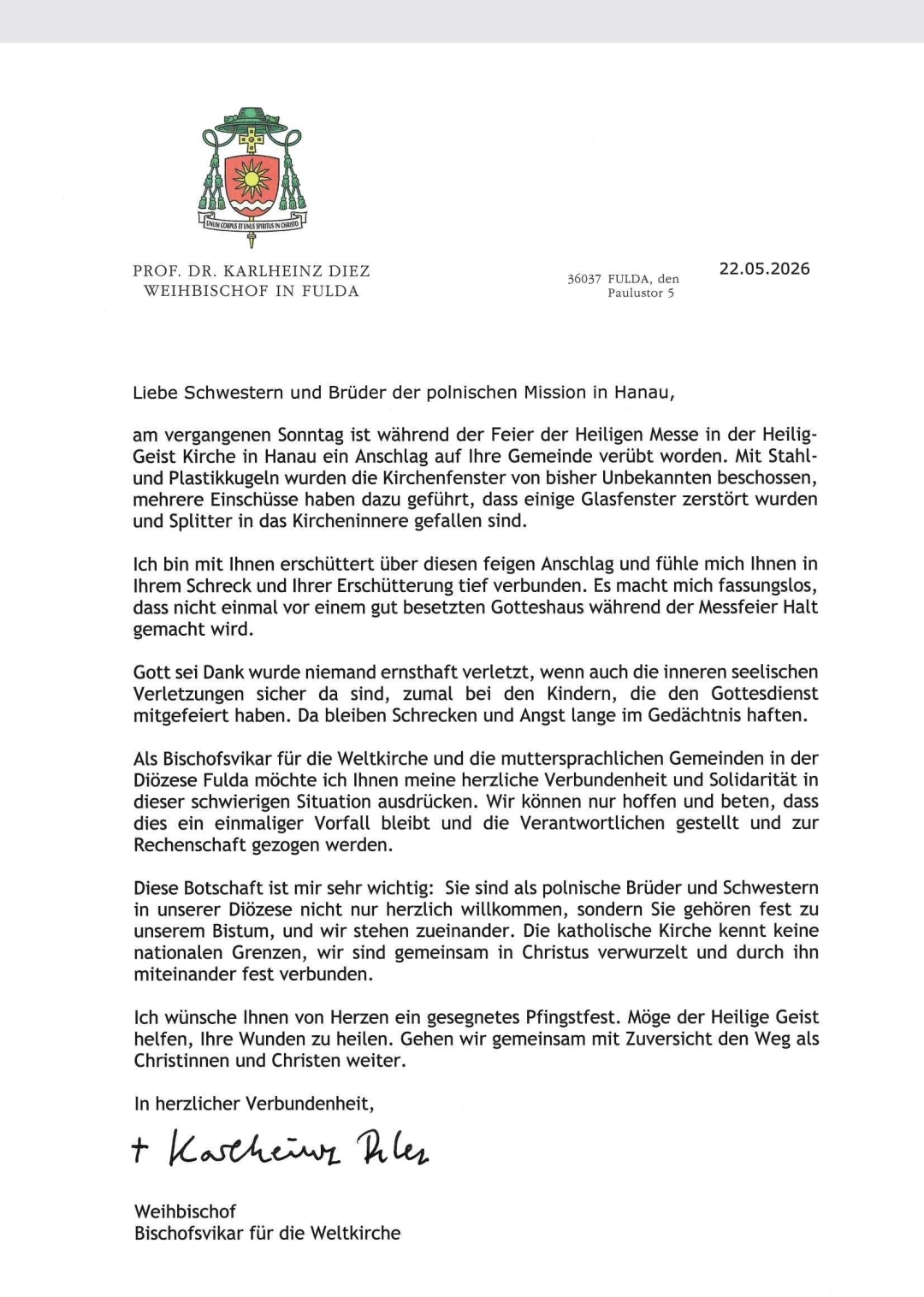 List bpa Karlaheiza Dieza i bpa Roberta Chrząszcza po wydarzeniach w PMK Hanau